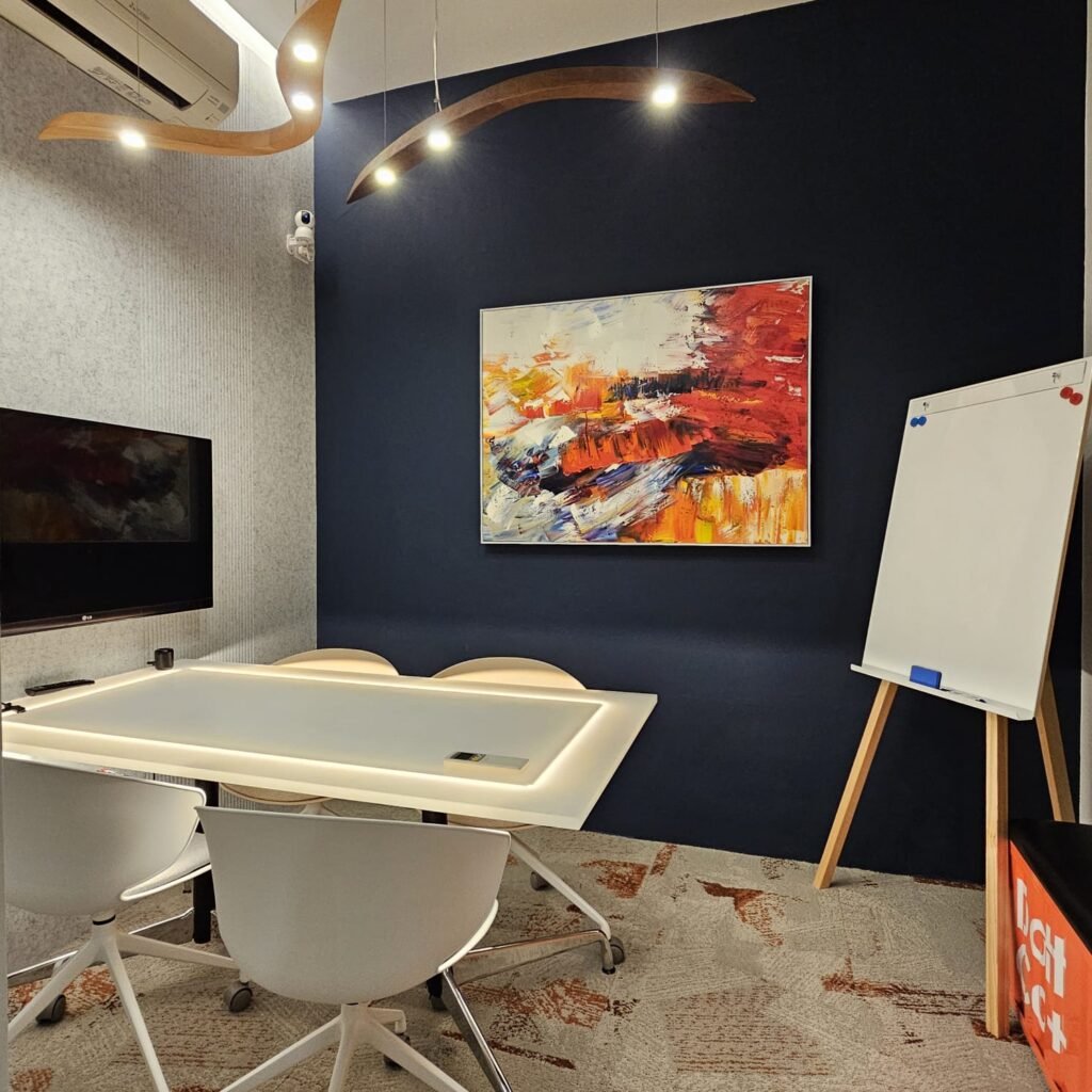 Six-person meeting room at Dott Co+work Woodlands with screen and whiteboard